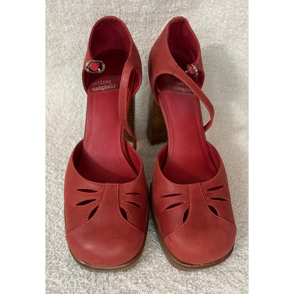 Jeffrey Campbell Red Leather Mary Jane Heels Square Toe Wood Block Size 7